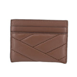 Brown leather card case with stitched chevron panels and top card slot
