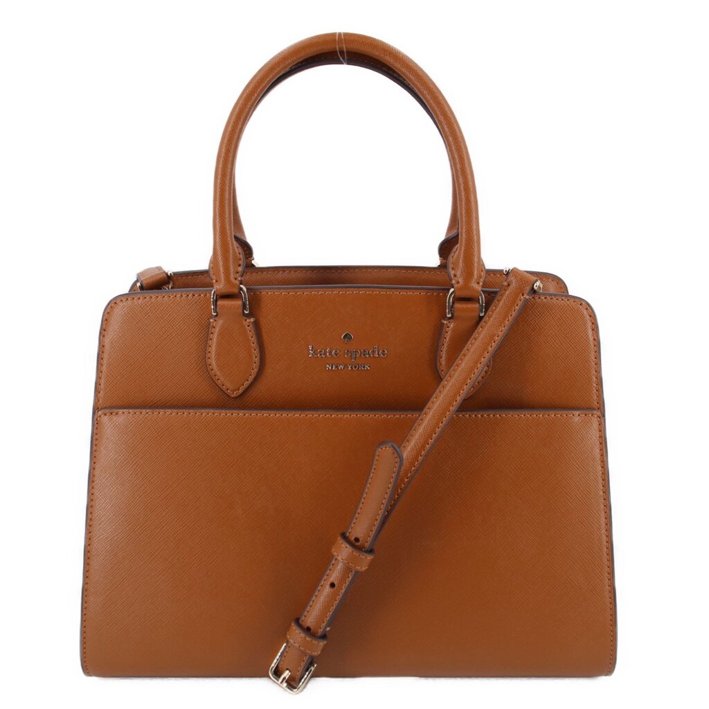 Brown leather medium satchel with top handles and crossbody strap