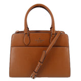 Brown leather medium satchel with top handles and crossbody strap