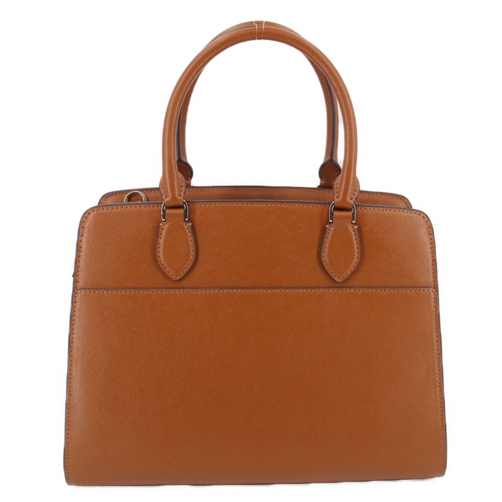 Brown leather satchel with two top handles and front seam details
