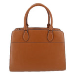 Brown leather satchel with two top handles and front seam details