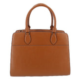 Brown leather satchel with two top handles and front seam details