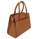 Tan leather medium satchel with dual top handles and front zipper charm