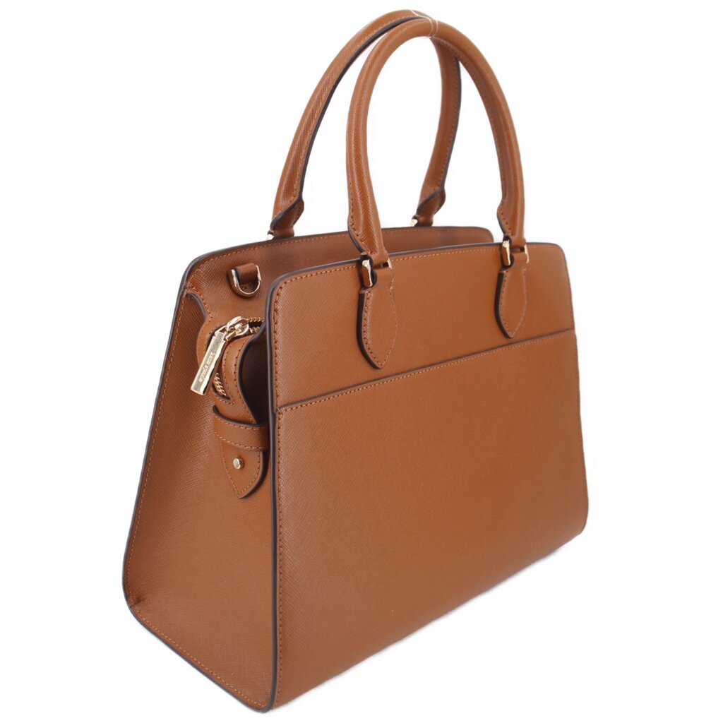 Brown leather medium satchel with front keychain detail and dual handles