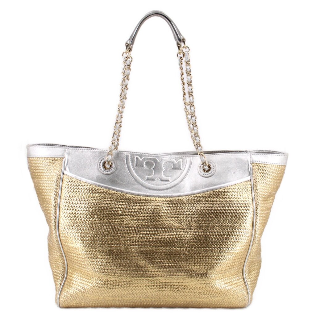 Gold raffia tote bag with silver top panel and chain handles