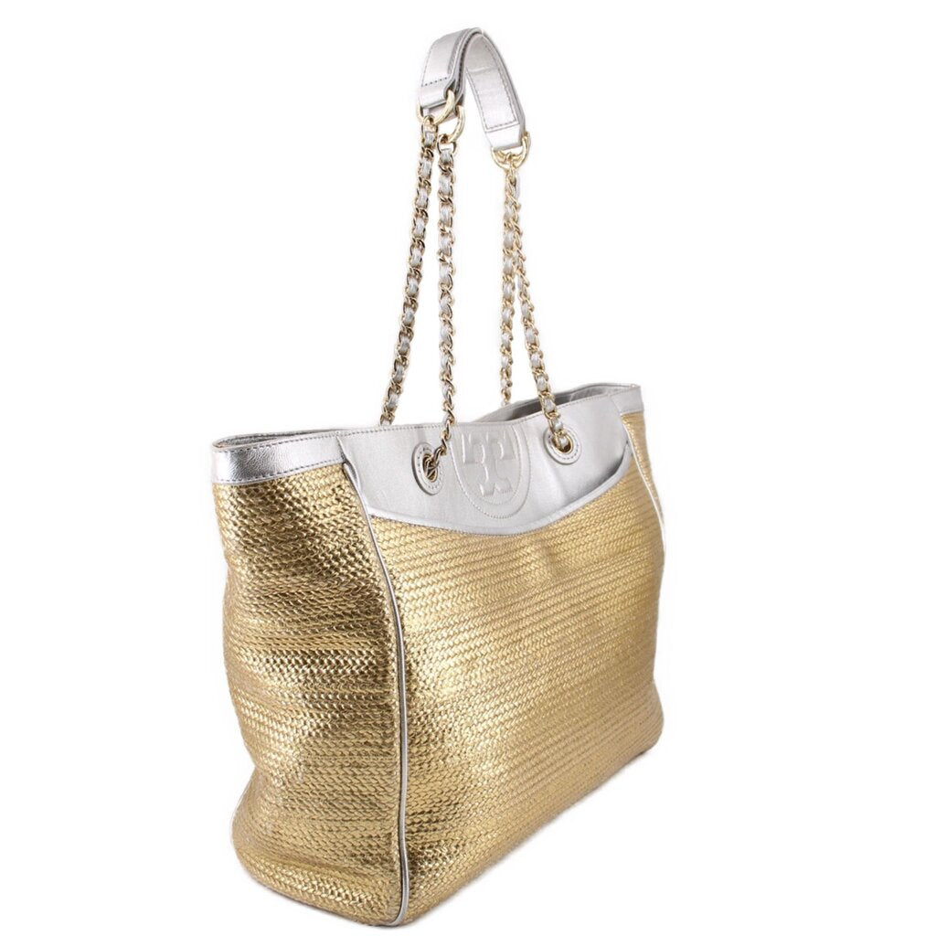 Structured gold raffia tote bag with silver top trim and chain straps