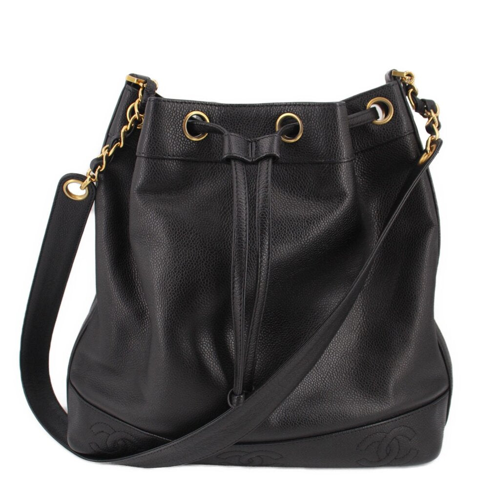 CHANEL black drawstring bucket crossbody bag with gold-tone hardware and chain strap