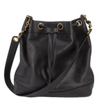 CHANEL black drawstring bucket crossbody bag with gold-tone hardware and chain strap