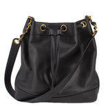 CHANEL black drawstring bucket crossbody bag with gold-tone hardware and chain strap