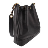 CHANEL black bucket crossbody bag with side strap and drawstring closure
