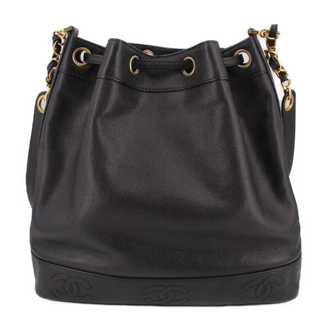 CHANEL black drawstring bucket crossbody bag with ring eyelets and gold-tone accents