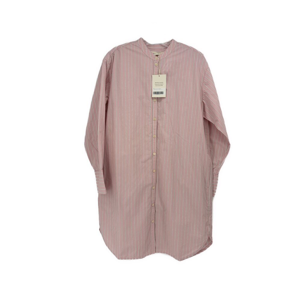 Pink striped button-front dress, long sleeves, relaxed fit