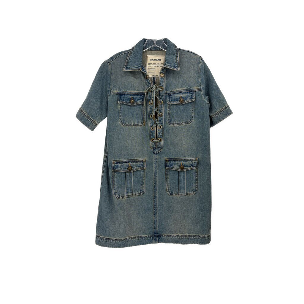 Blue denim shirt dress with lace-up front, pointed collar, and patch pockets