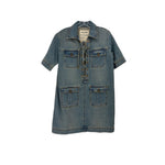 Blue denim shirt dress with lace-up front, pointed collar, and patch pockets