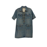 Blue denim shirt dress with lace-up front, pointed collar, and patch pockets