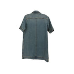 Blue denim shirt dress, short sleeves, back yoke seam, curved hem