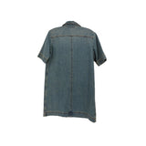 Blue denim shirt dress, short sleeves, back yoke seam, curved hem