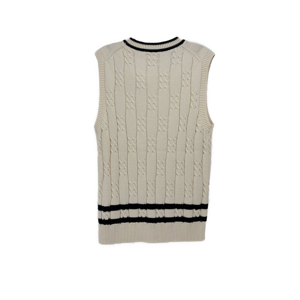 Cream cable-knit sweater vest with black striped hem and crew neckline