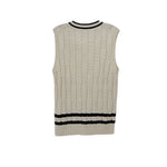 Cream cable-knit sweater vest with black striped hem and crew neckline