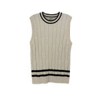 Cream cable-knit sweater vest with black striped neckline and hem