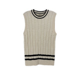 Cream cable-knit sweater vest with black striped neckline and hem