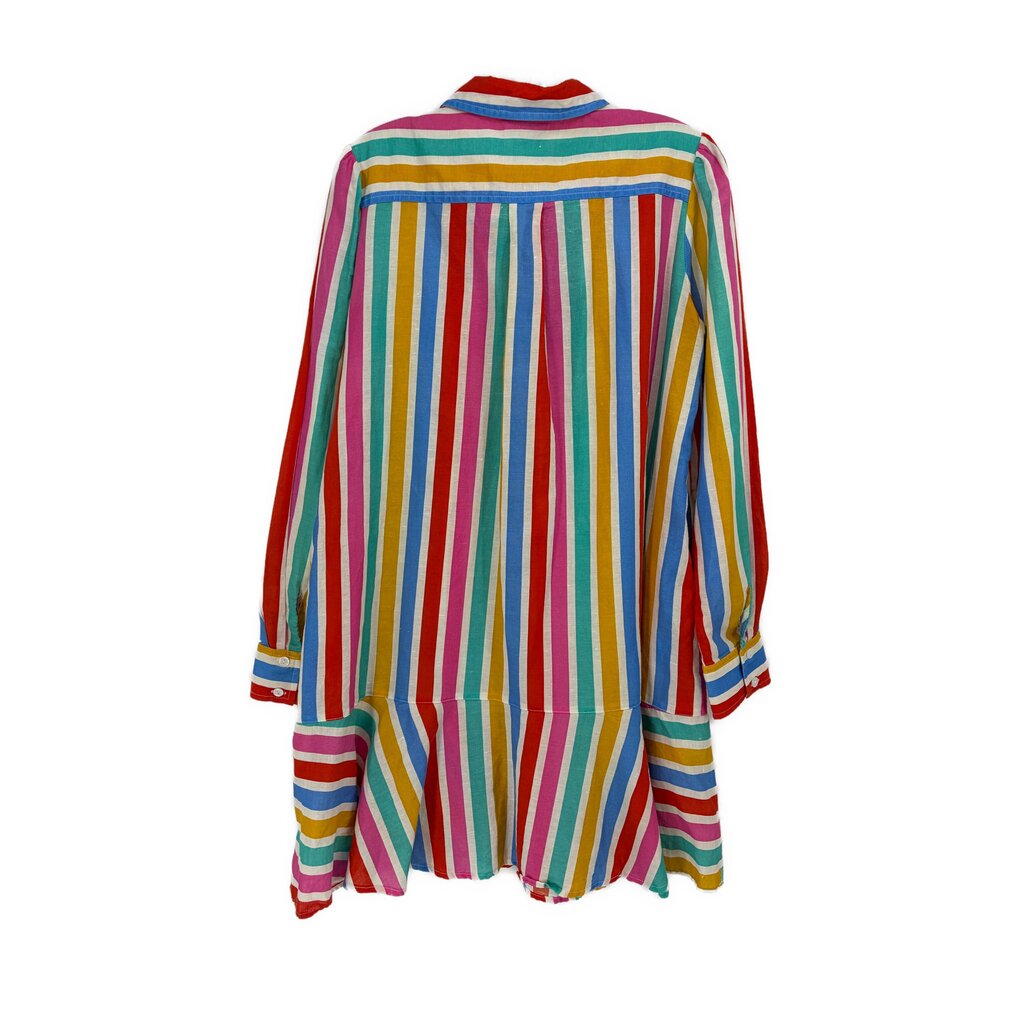 Rainbow striped shirt dress, back view with long sleeves and curved hem