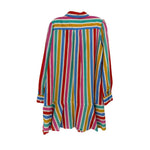 Rainbow striped shirt dress, back view with long sleeves and curved hem