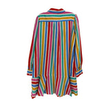 Rainbow striped shirt dress, back view with long sleeves and curved hem