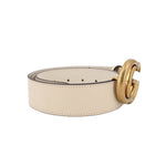 Cream leather belt with gold buckle ring and stitched eyelets