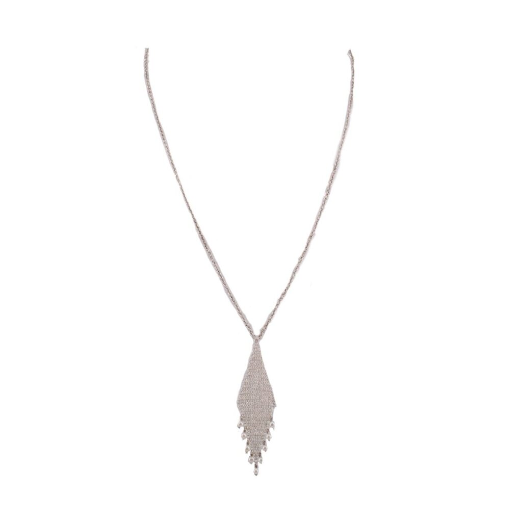 Silver mesh fringe necklace with teardrop pendant and hanging chain fringe