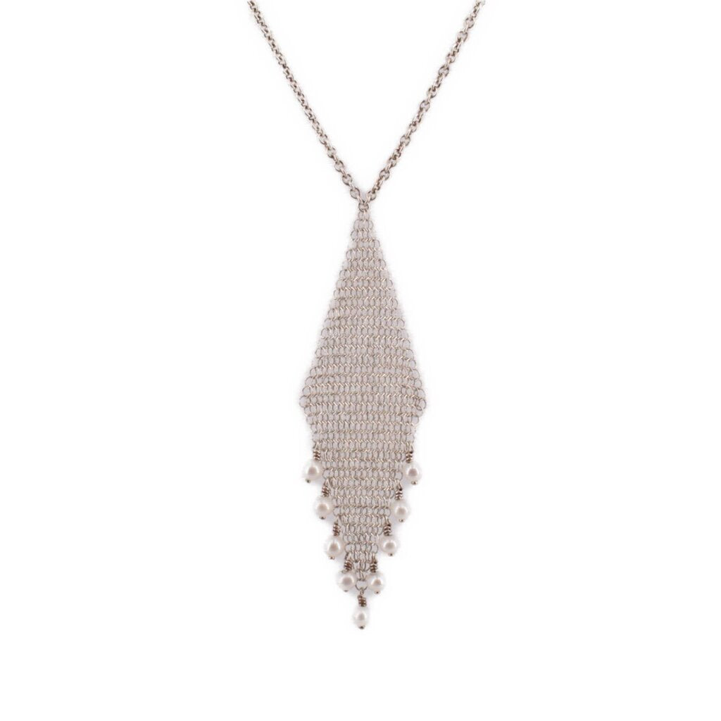 Silver mesh fringe necklace with elongated teardrop pendant and bead fringe