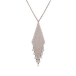 Silver mesh fringe necklace with elongated teardrop pendant and bead fringe