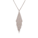 Silver mesh fringe necklace with elongated teardrop pendant and bead fringe