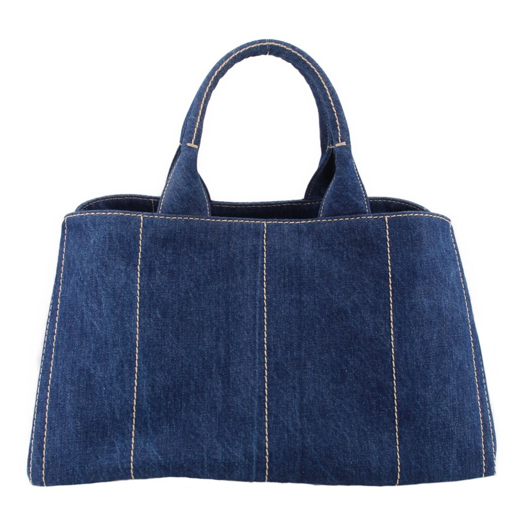 Prada Canapa denim tote bag with structured shape and top carry handles