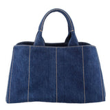 Prada Canapa denim tote bag with structured shape and top carry handles