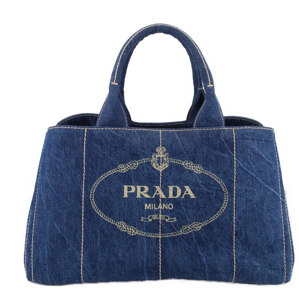 Prada Canapa denim tote bag with front logo patch and top handles
