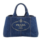 Prada Canapa denim tote bag with front logo patch and top handles