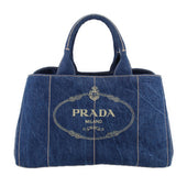 Prada Canapa denim tote bag with front logo patch and top handles