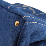 Prada Canapa denim tote bag corner with gold button and contrast stitching