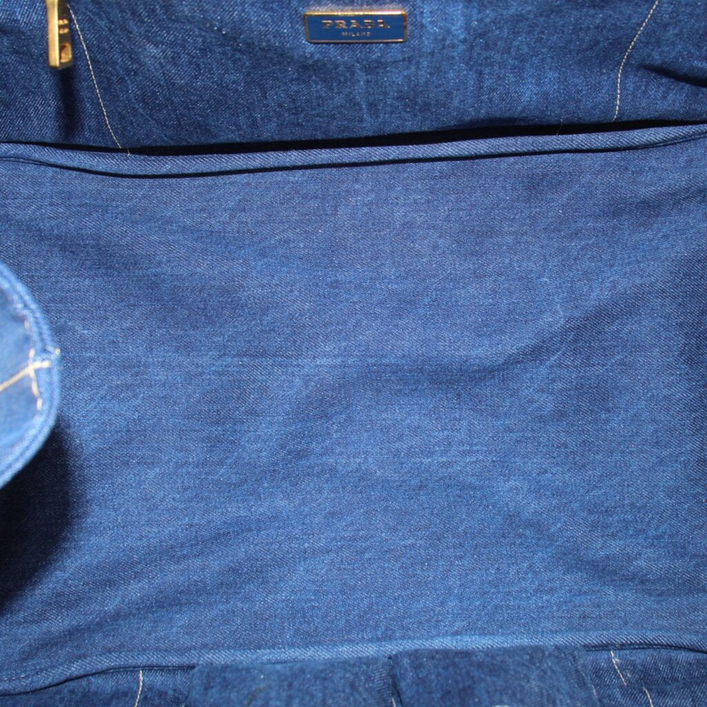 Prada Canapa denim tote bag interior lining with small Prada label