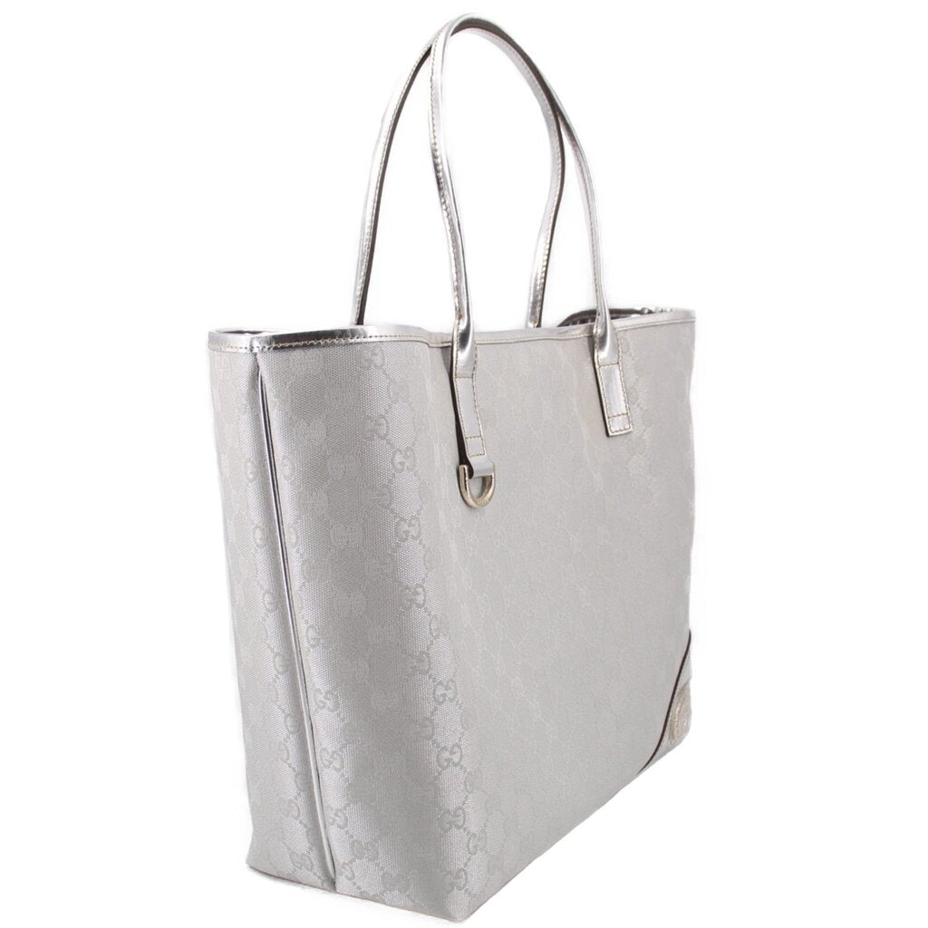 GUCCI Britt GG silver tote bag with double top handles and side GG motif