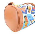 GUCCI vintage drawstring backpack, rounded tan end with blue colorful print and top hardware
