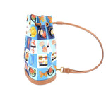 GUCCI vintage drawstring backpack, blue printed canvas with tan top strap and drawstring cords