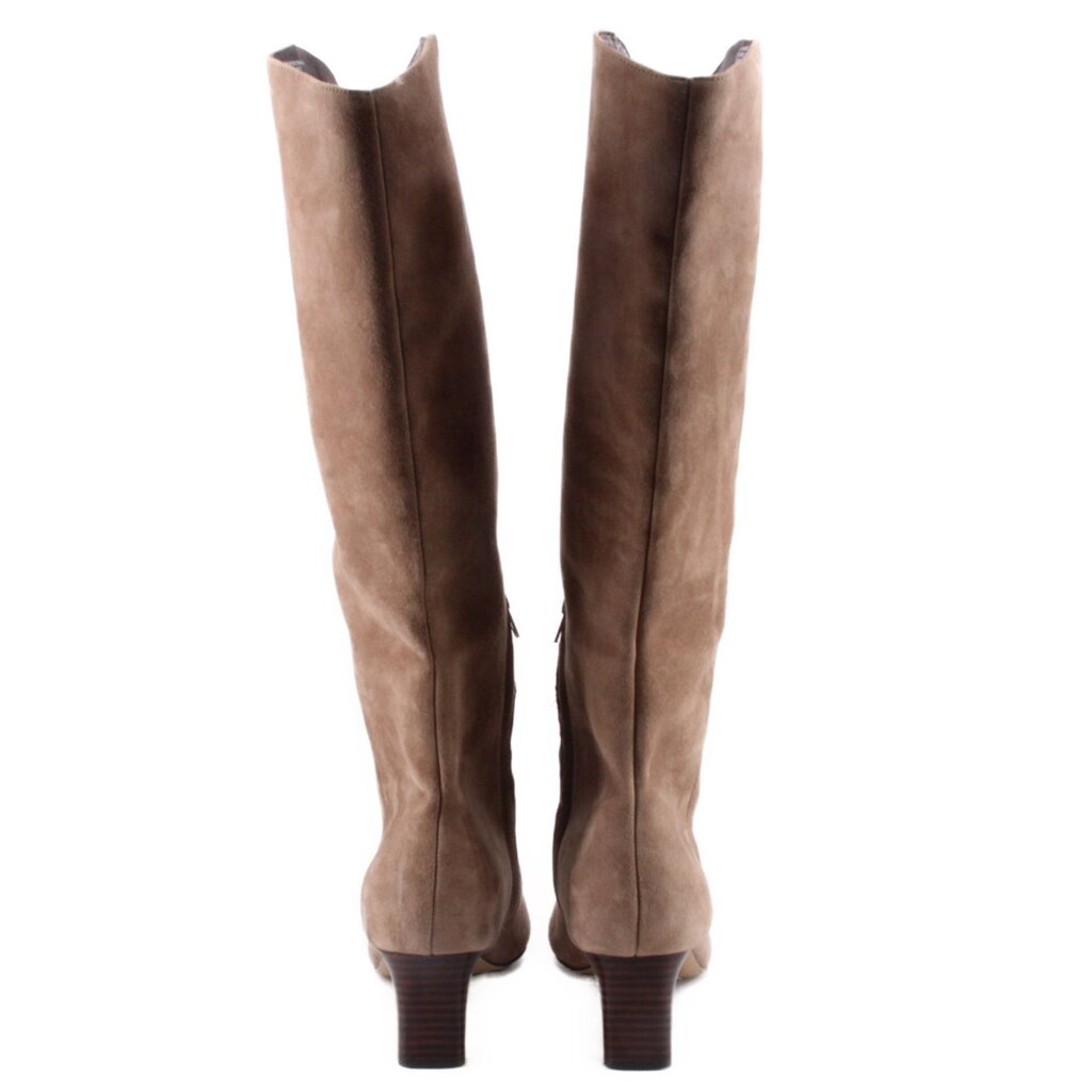 Pair of tan suede knee-high boots, back view with block heel.