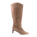 Tan suede knee-high boots with stacked heel and side profile view.