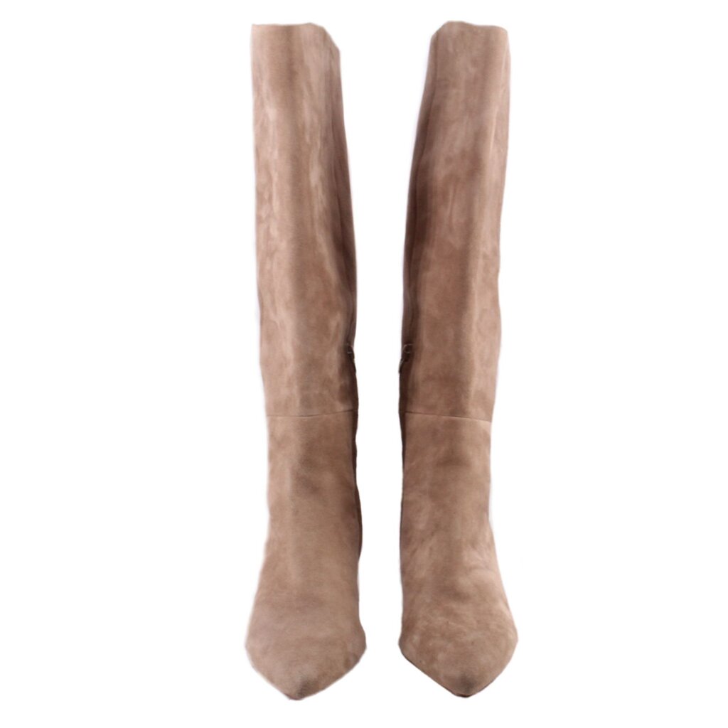 Pair of tan suede knee-high boots, front view with pointed toes.
