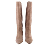 Pair of tan suede knee-high boots, front view with pointed toes.