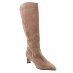Tan suede knee-high boots with low stacked heel and pointed toe.