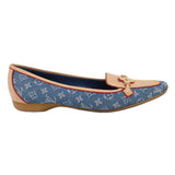 Blue denim monogram loafers with tan collar and low heel, gold-tone front clasp