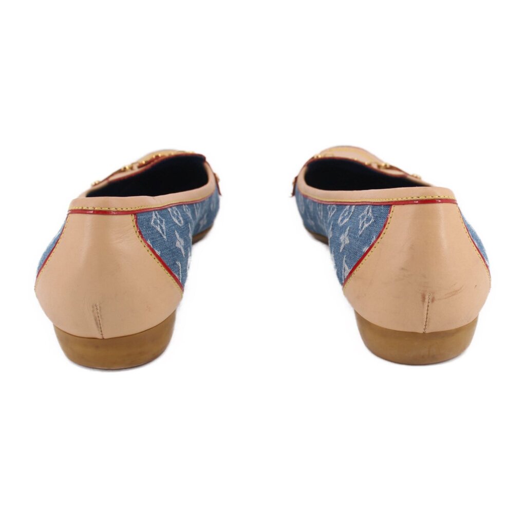Blue denim monogram loafers with tan heel backs and red piping